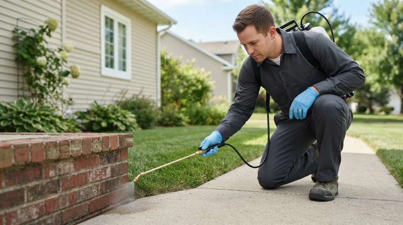 Pest control technician treating a home near Falls City, TX
