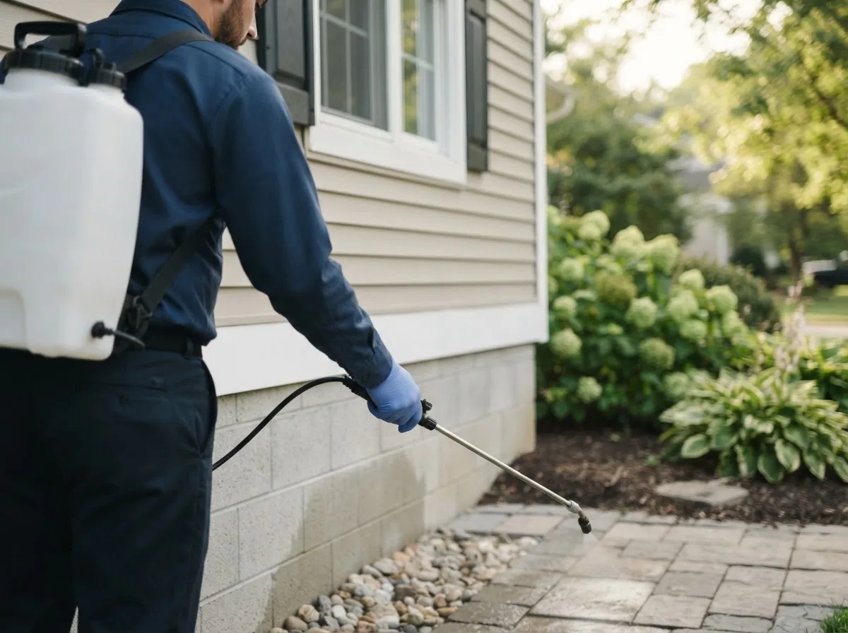 Pest control technician inspecting a home in Falls City, TX
